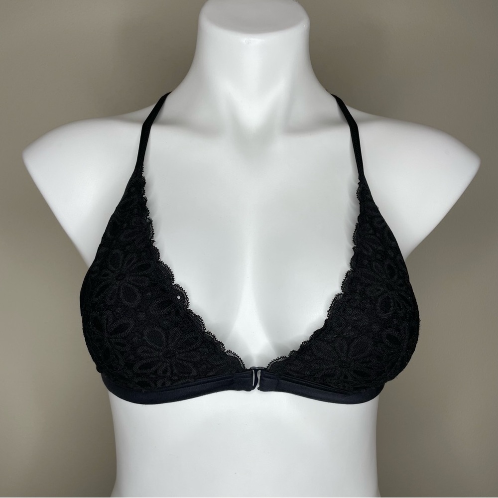 Victoria's Secret Black Floral Lace T-back Front Hook Bralette